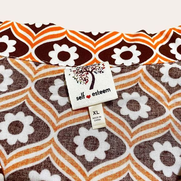 Self Esteem Vintage Inspired Orange & Brown 70s Flower Power Button Down - Picture 2 of 2